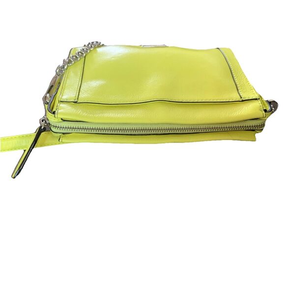 Rebecca Minkoff Leather Crossbody Bag Clutch  Zip Up Neon Yellow Silver Curblink - Picture 2 of 15